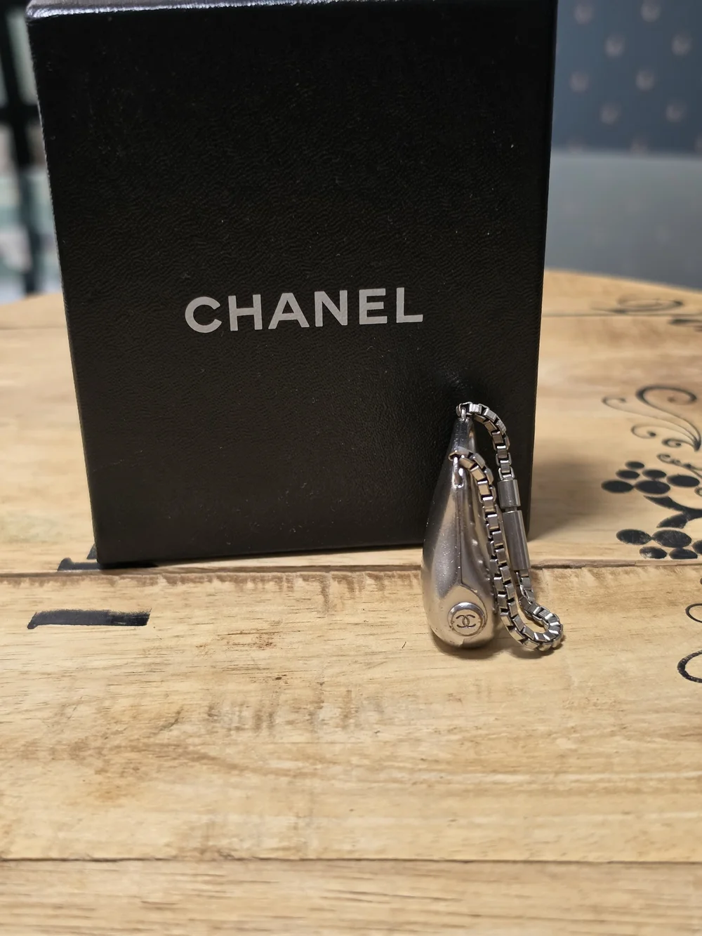 CHANEL Silver-Tone Charm Mini Purse Charm/Keychain